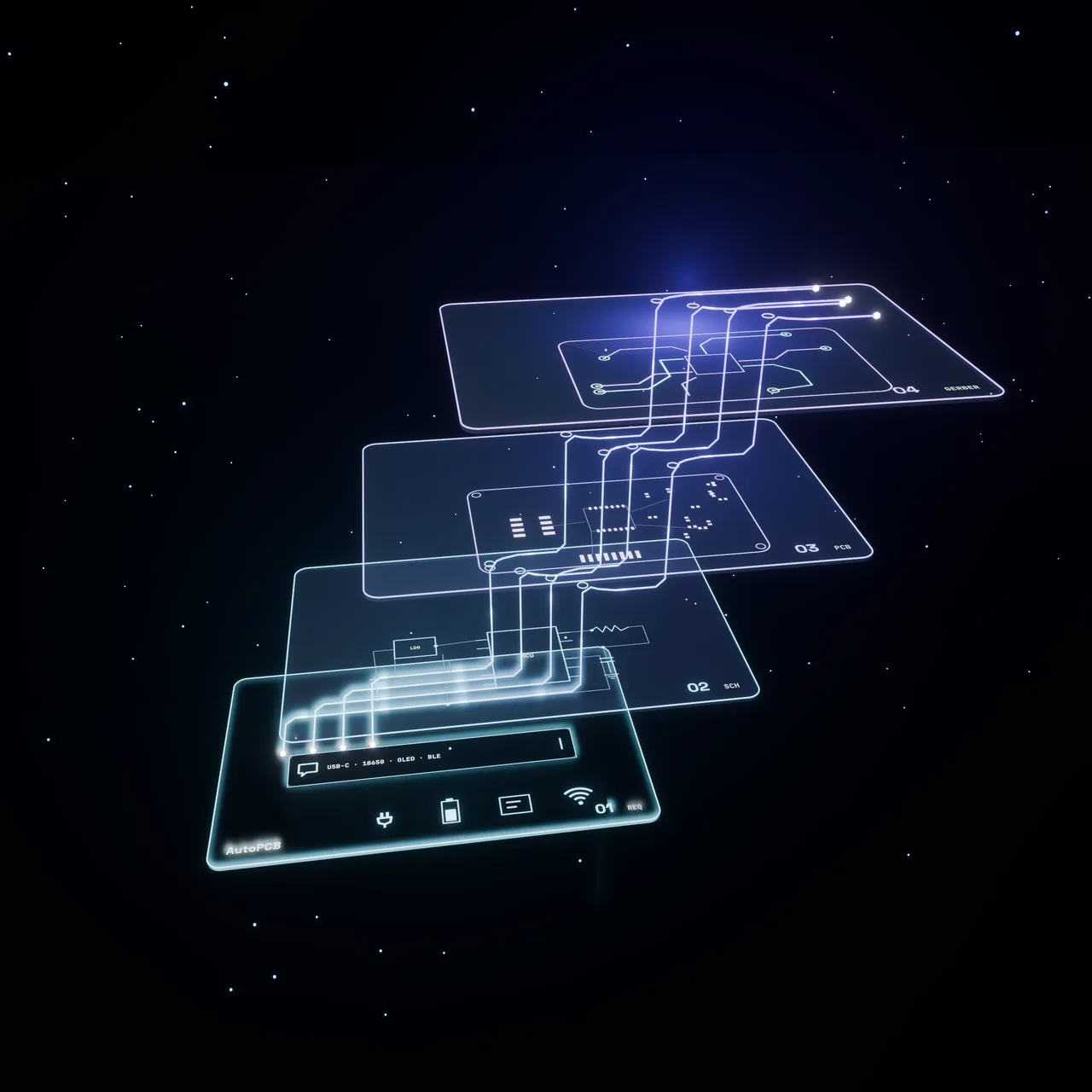 Four stacked glass layers — requirements, schematic, placement and Gerber — linked by rising glowing PCB traces.