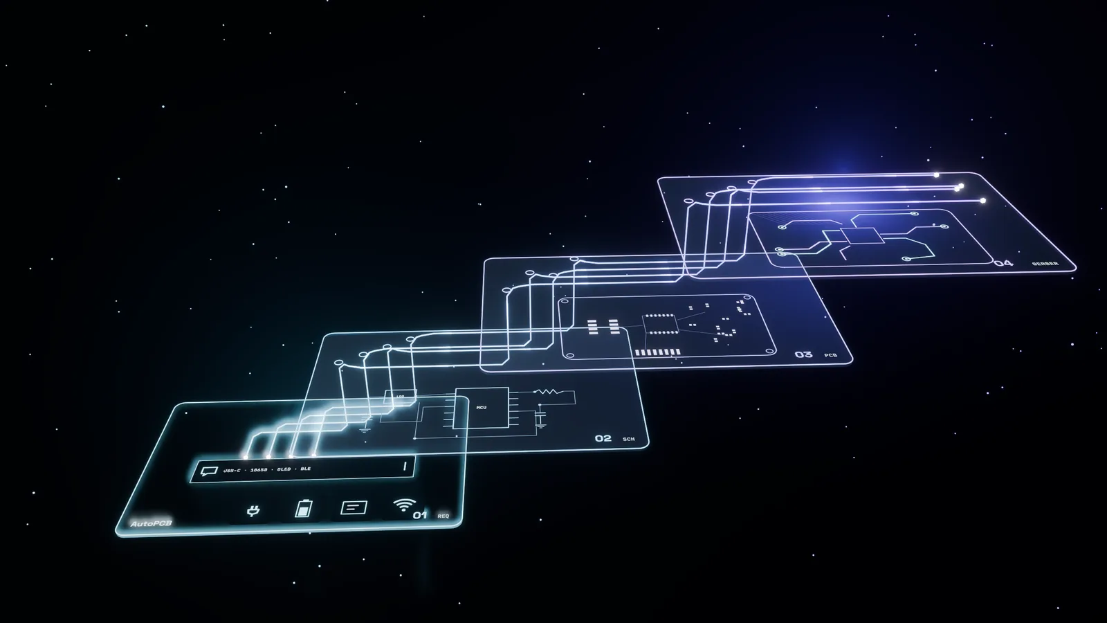 Four glass layers rising from requirements to schematic, placement and Gerber, with glowing PCB traces routing themselves between them.
