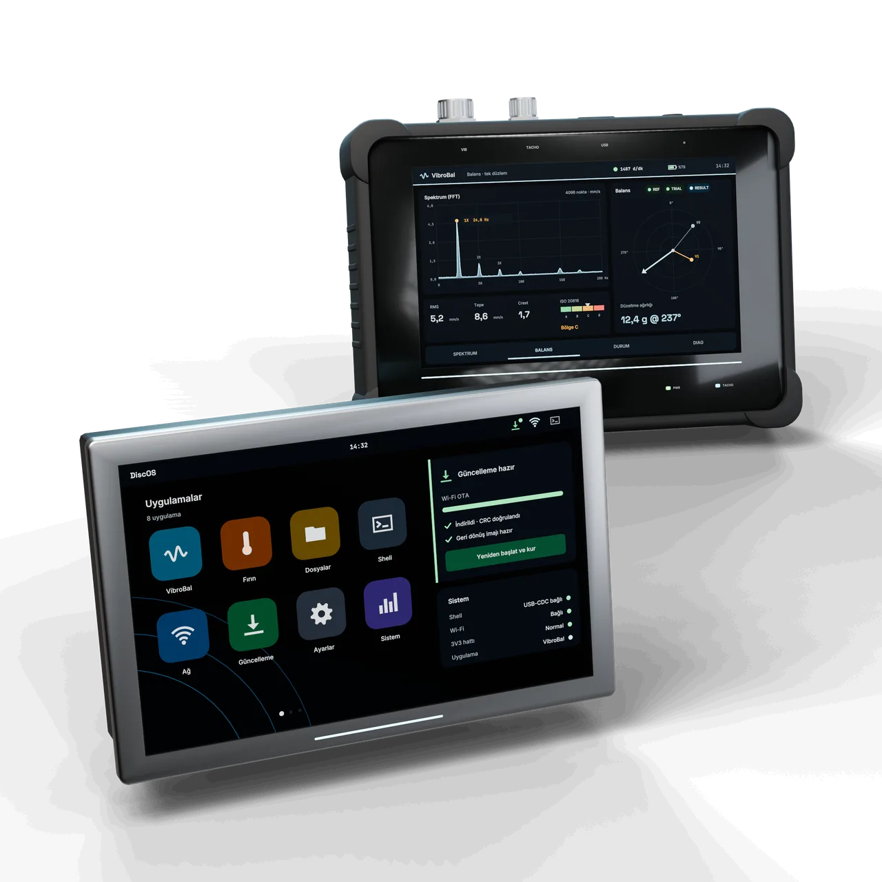 DiscOS: app launcher and OTA update card on an aluminium-framed 7-inch HMI panel, with VibroBal behind