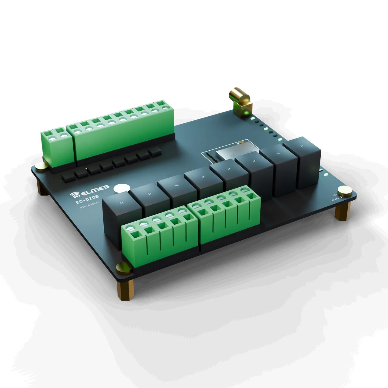 EC-DIO8 carrier board: matte black PCB, green terminals, 8 relays and a mounted EM-G0L-433 module