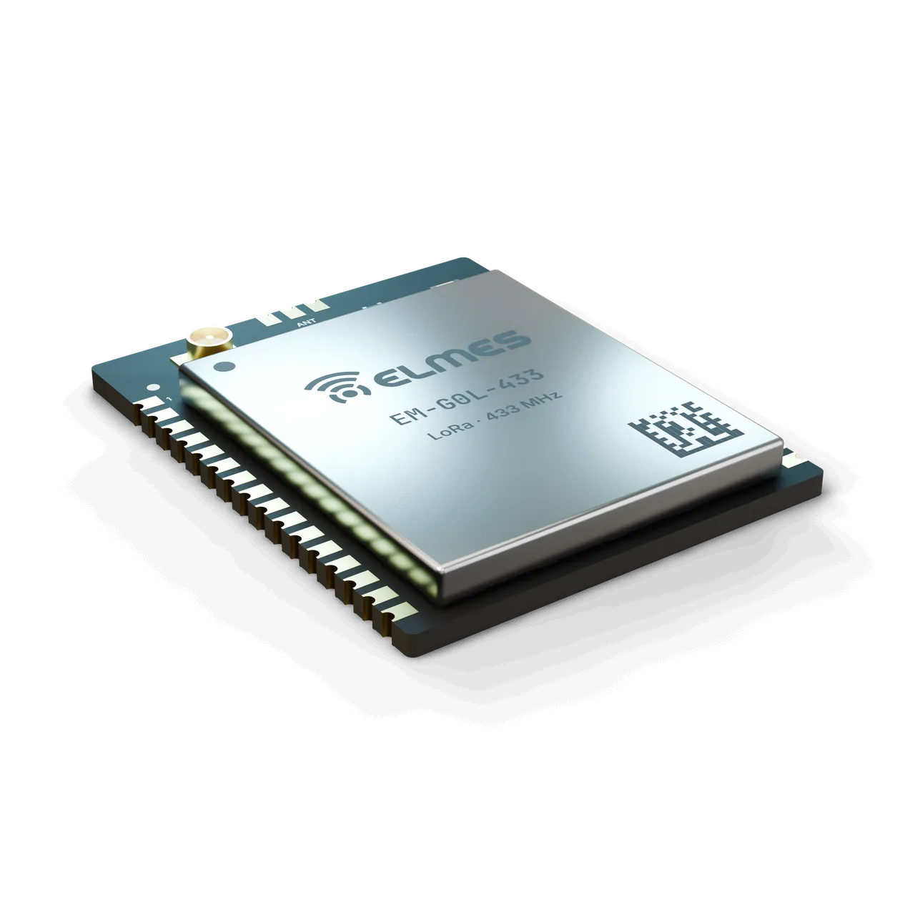 EM-G0L-433 LoRa modülü: mat siyah kart, Elmes logolu nikel RF kalkanı, u.FL ve 2×16 castellated pad