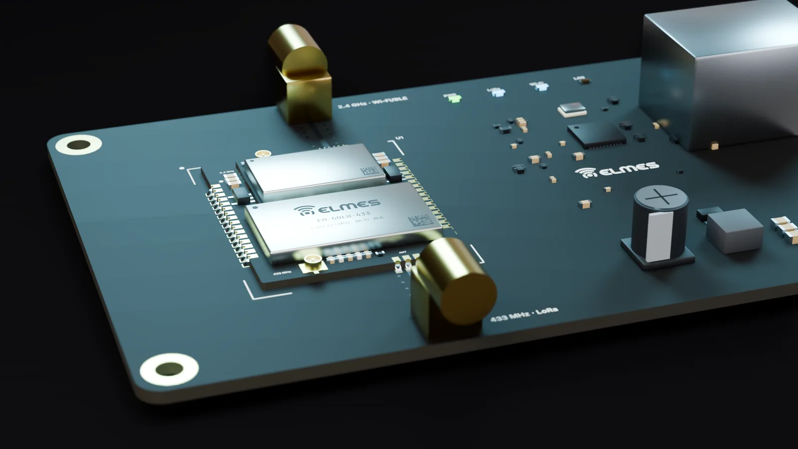 Gateway taşıyıcısında EM-G0LW-433: 433 MHz ve 2,4 GHz hatları karşıt kenarlardaki SMA'lara gider