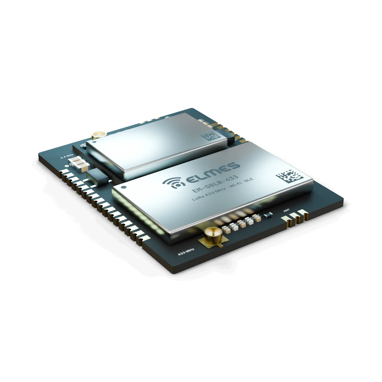 EM-G0LW-433: LoRa 433 MHz ve Wi-Fi/BLE tek modülde; karşıt kenarlarda iki u.FL anten konnektörü