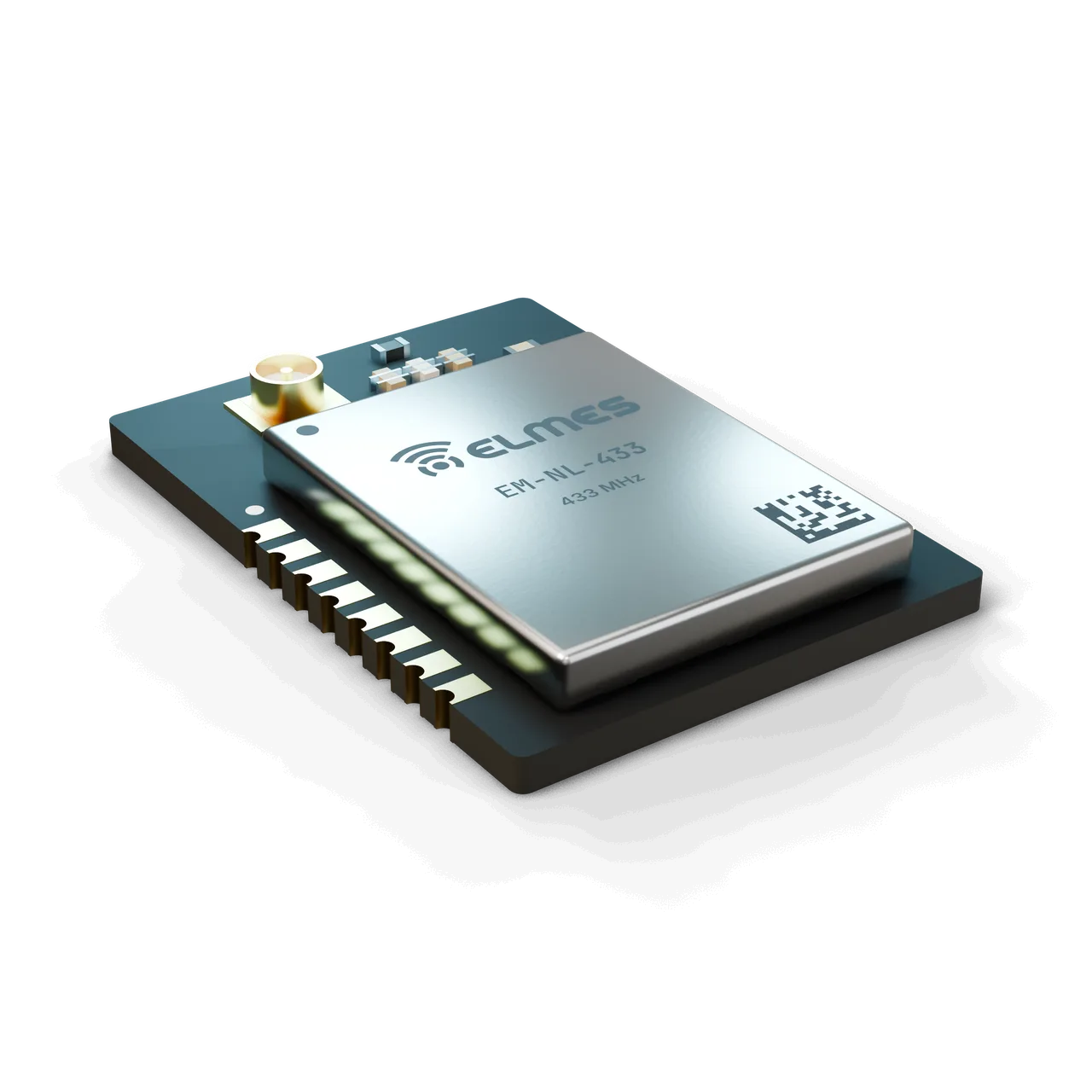 EM-NL-433 radyo-only LoRa modülü: 14 × 20 mm, 2×8 castellated pad, nikel kalkan ve u.FL