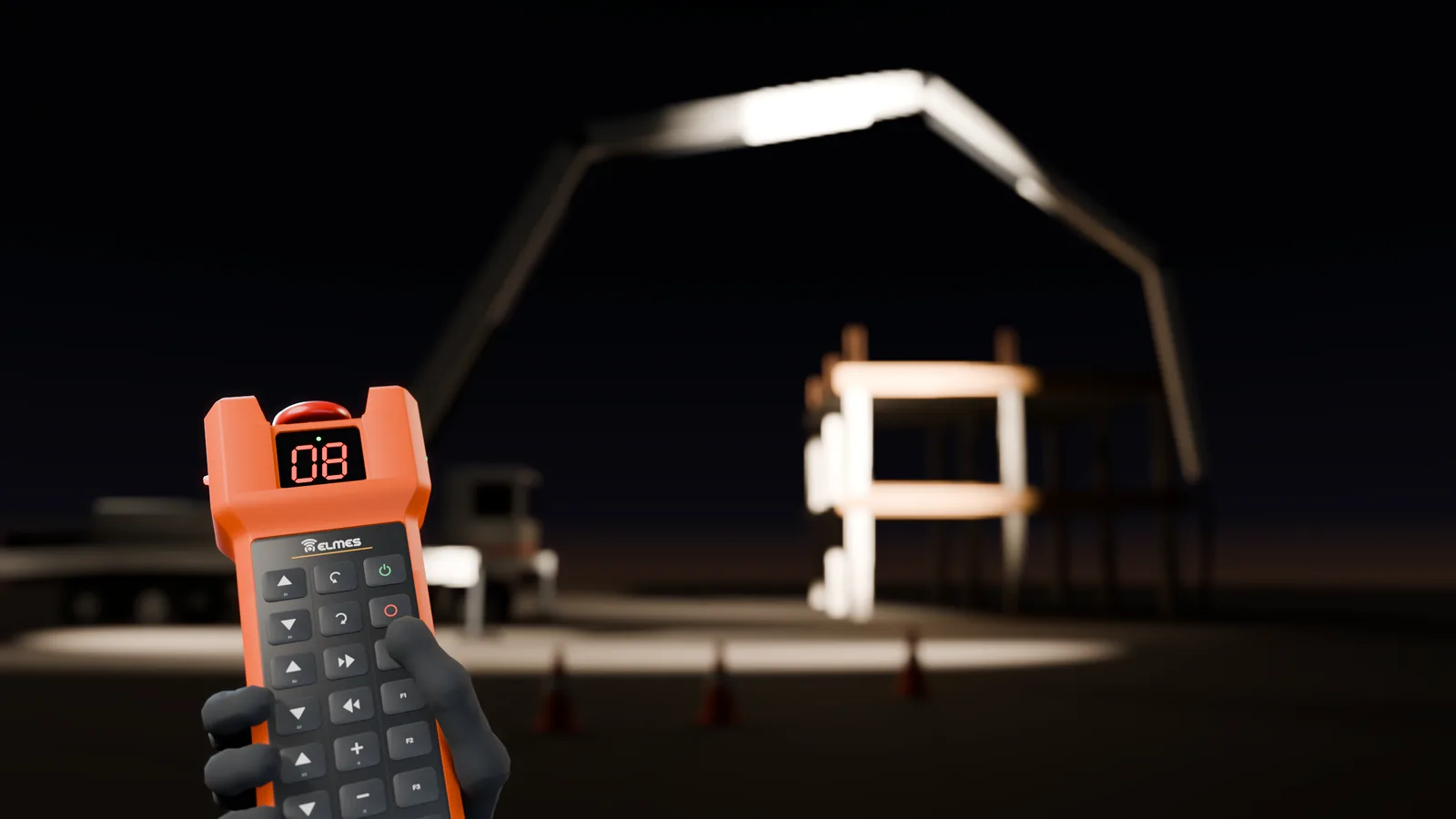 Concrete pump with its boom unfolded on a site at dusk; the operator controls it with the MK-24 in a gloved hand