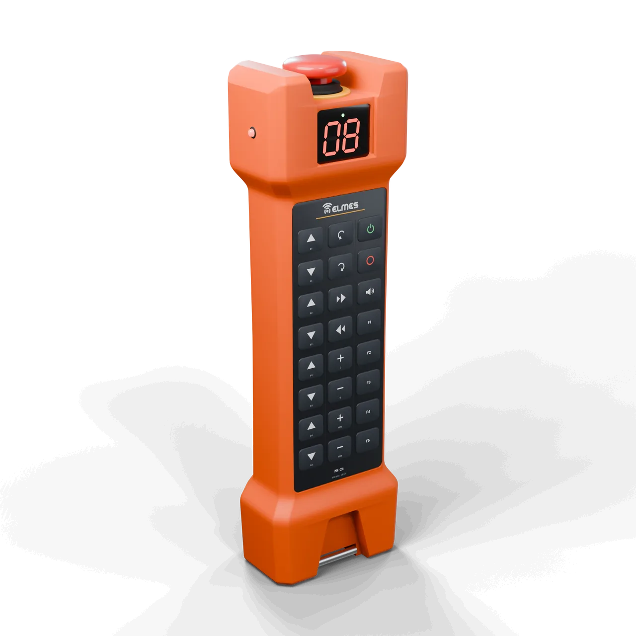 MK-24 long handheld transmitter: 24-channel membrane keypad, emergency stop and two-digit display for concrete pumps