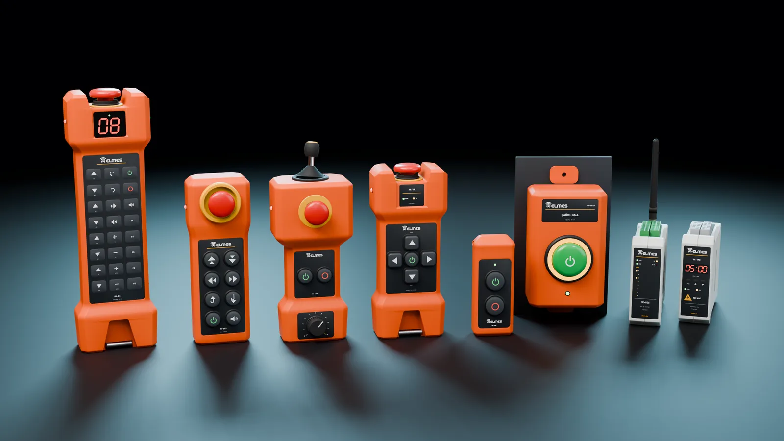 Machine remote family: MK-24, MK-8ES, MK-JOY, MK-YA lift remote, MK-PMP, MK-10T1R call button, RT-152 receiver and MK-TMR