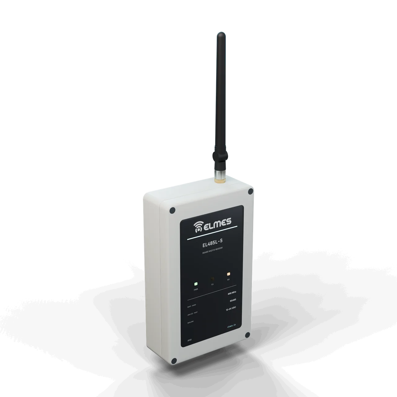 EL485L-S kablosuz RS485 modem: açık gri ABS duvar kutusu, ön etiket ve LED'ler, üstte anten