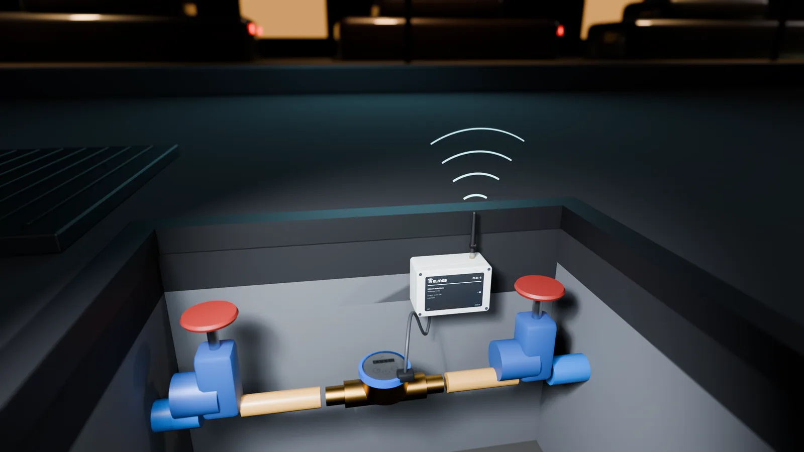 Open meter pit at night: water meter with reed sensor, the PLS4-B on the wall and RF waves rising from its antenna; street beyond