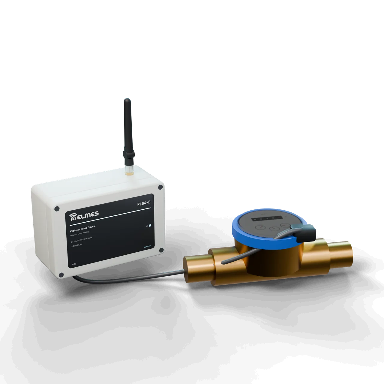 PLS4-B battery meter reading node: IP67 box with glands and antenna, and a water meter with reed sensor