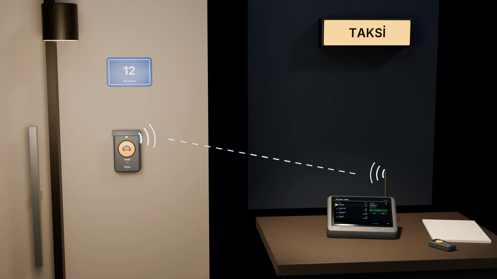 Night: wireless call from the taxi button at an apartment entrance to the rank desk screen; lit TAXI sign behind