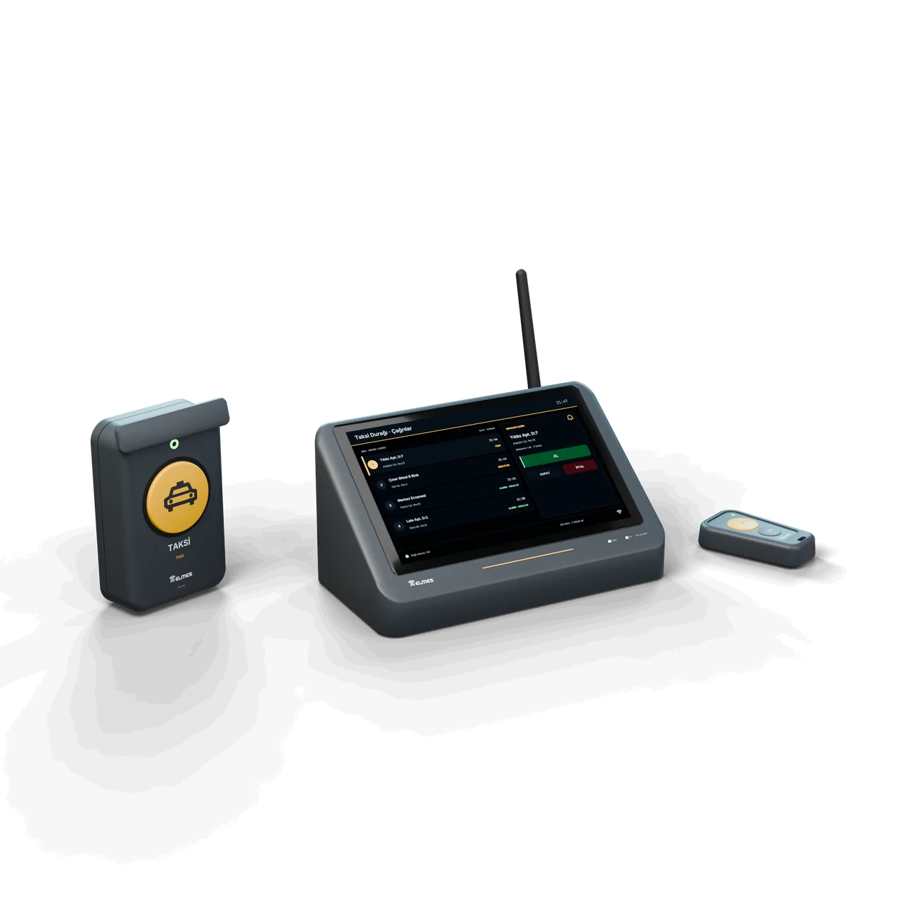 Taxi call system: subscriber button with yellow key, 7-inch rank receiver showing the call list and driver remote