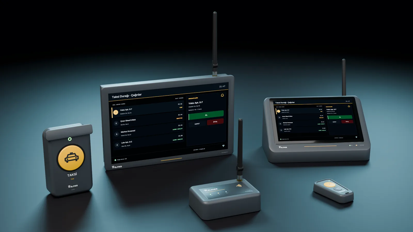 Taxi call components: TCS-BTN subscriber button, 10.1-inch wall and 7-inch desk receivers, TCS-RX-WEB, TCS-RMT