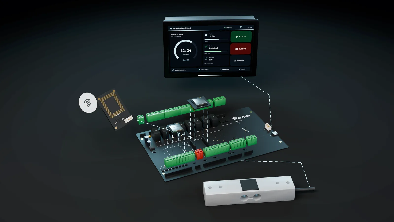 OEM platform patlatılmış: ana kart, klemens fişleri, MCU ve yuva modülleri, RFID okuyucu, loadcell ve 7 inç HMI
