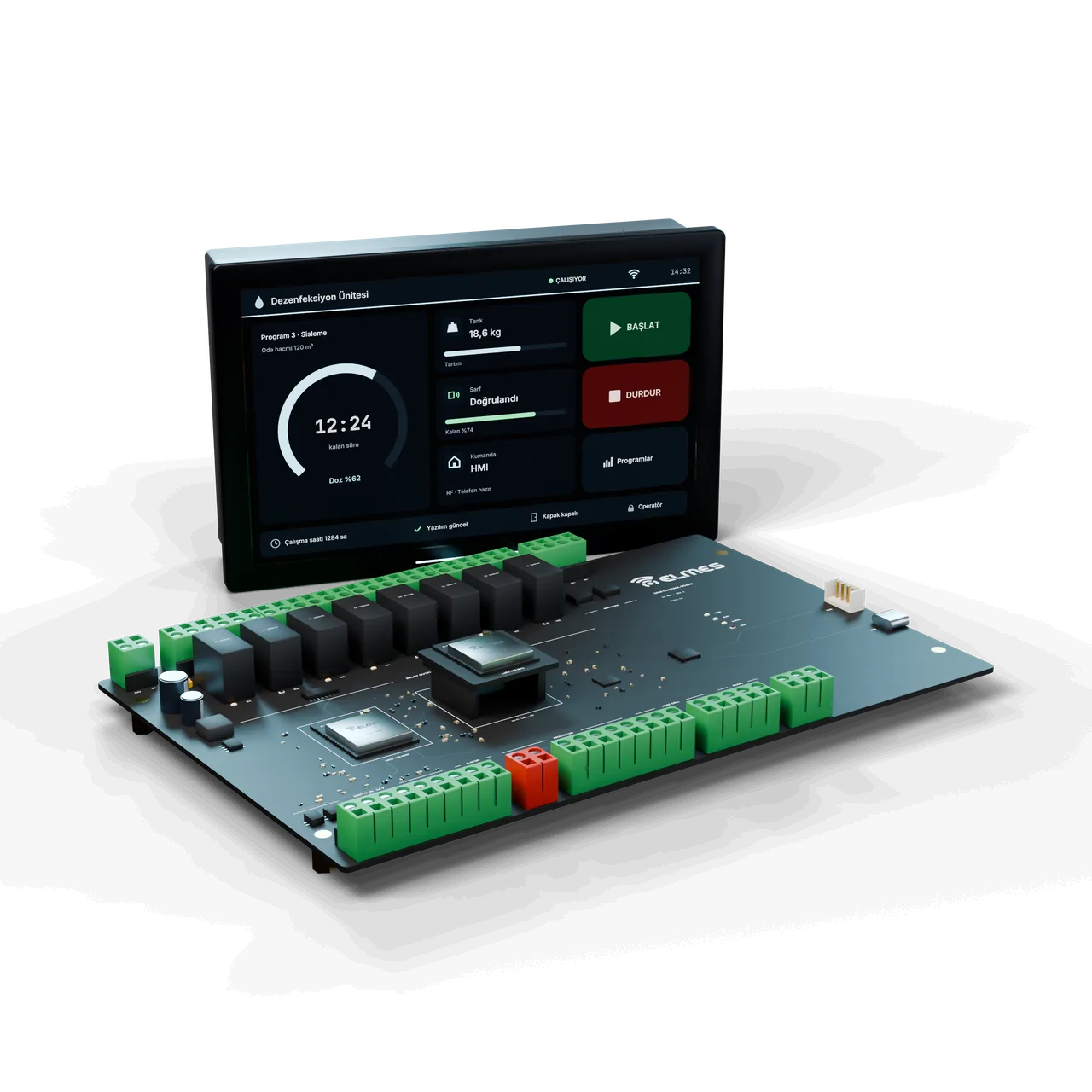 Elmes OEM Cihaz Kontrol Platformu: röleli ana kontrol kartı, takılı modül ve dezenfeksiyon makinesi arayüzlü 7 inç HMI paneli