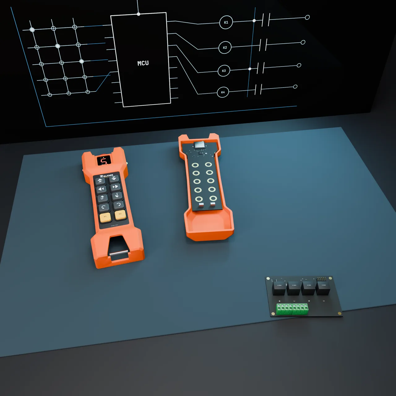 An opened crane transmitter with a custom key layout and an added relay card.