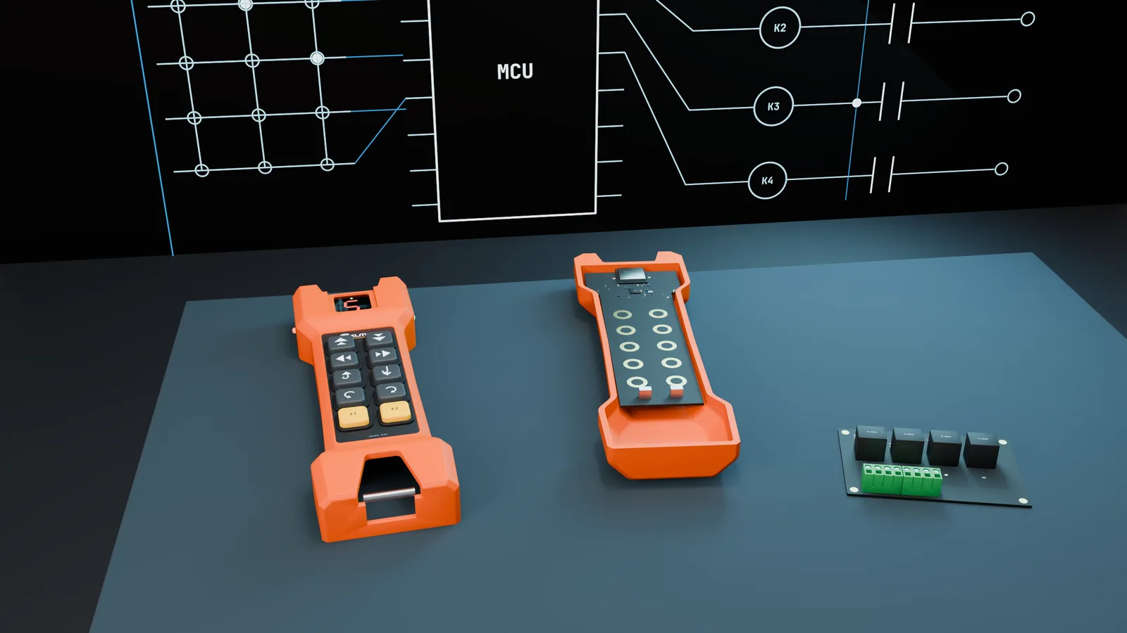 An opened crane transmitter with a custom key layout and an extra relay card, with a cyan schematic behind.