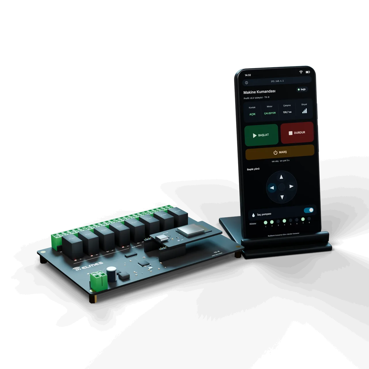 TK-8 relay board and a phone on a stand showing the machine control interface: start, stop, crank and head direction buttons