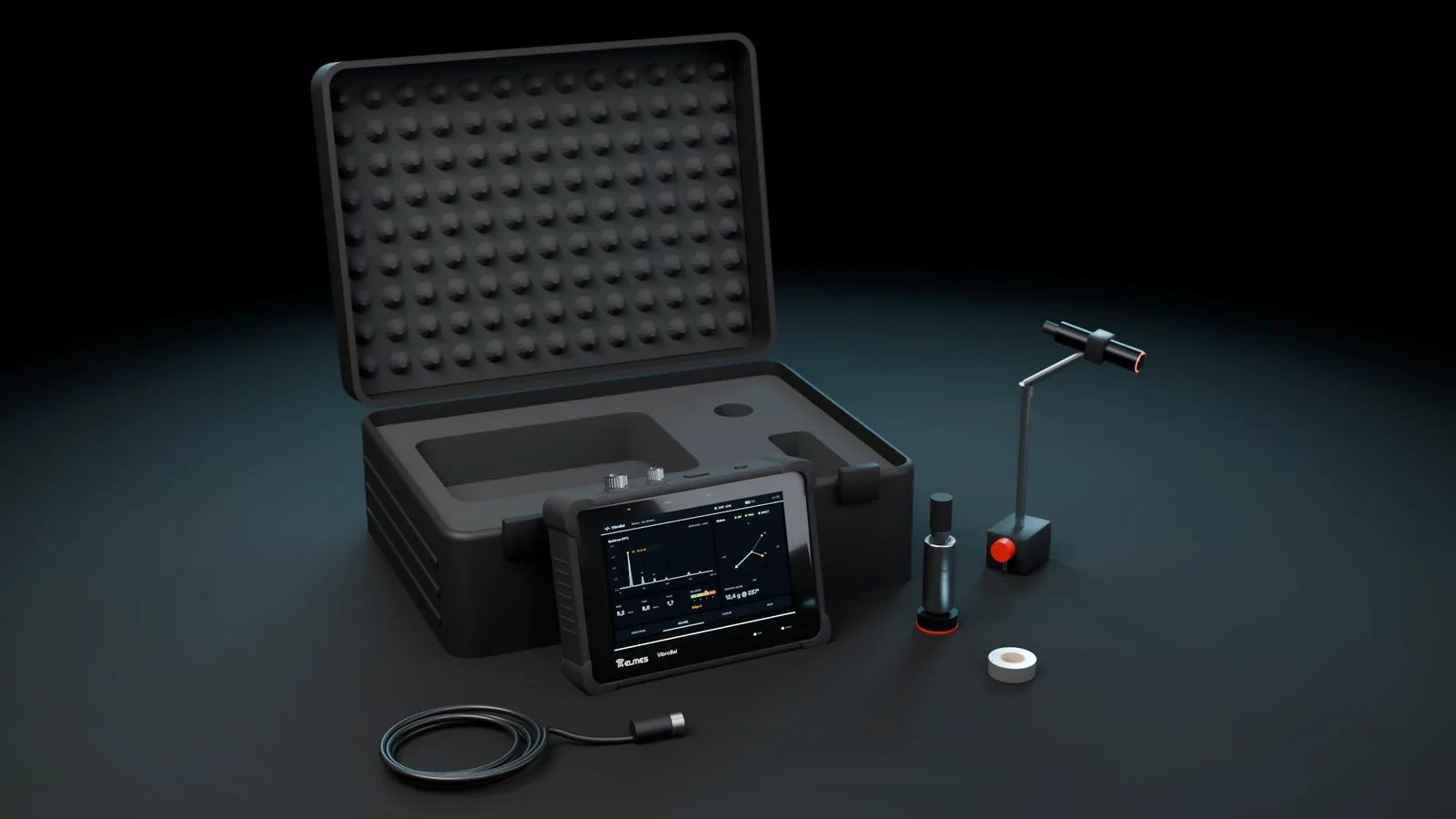 VibroBal kiti VB-1-K: açık taşıma çantası, cihaz, elektrodinamik hız sensörü, mıknatıslı optik takometre, bant ve kablo
