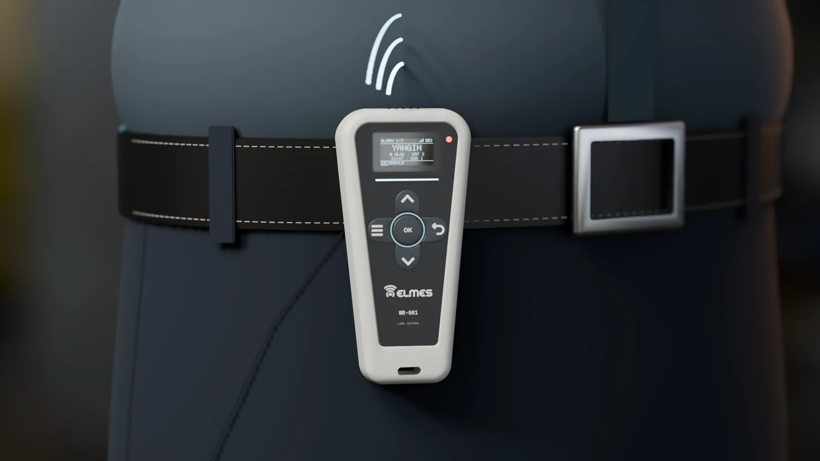WR-001 clipped to a work belt: fire alarm on screen, alarm LED lit, cyan waves showing the incoming signal