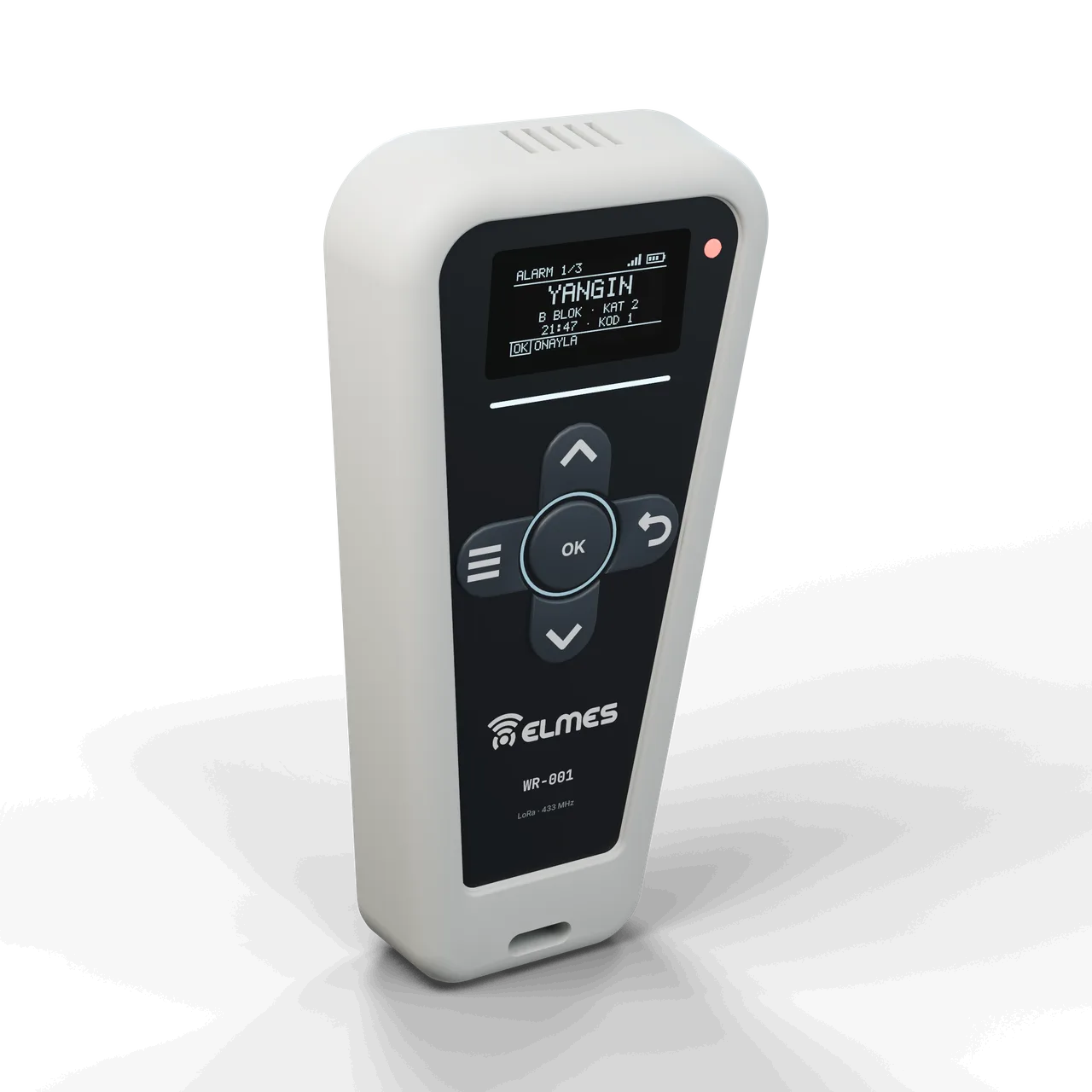 WR-001 LoRa alarm pager: light grey housing, FIRE alarm on the OLED display, 5-key membrane and red alarm LED