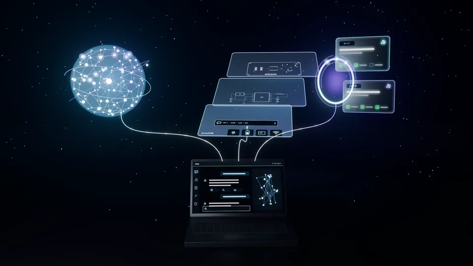 Light threads from an AI workspace on a laptop to a knowledge-graph sphere, PCB design layers and kanban cards