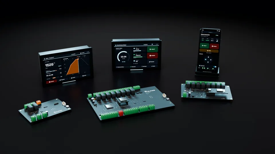 OEM control boards, 7-inch panels showing a kiln curve and a disinfection cycle, and smartphone control on a stand