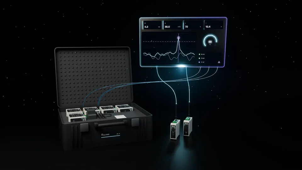 Open IIoT retrofit kit and antenna nodes streaming data lines into a glass telemetry dashboard
